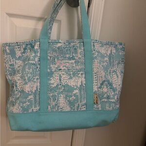 Lilly Pulitzer Teal and White Cityscape Tote